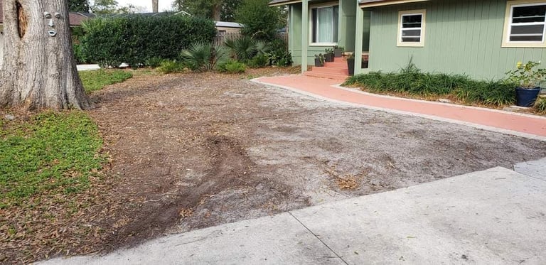 Residential driveway and yard with bare dirt patch, concrete sidewalk, and green house in background